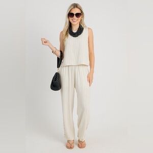 Blue Door Boutique Pinstripe Crochet Detail SET, Natural, Size Large